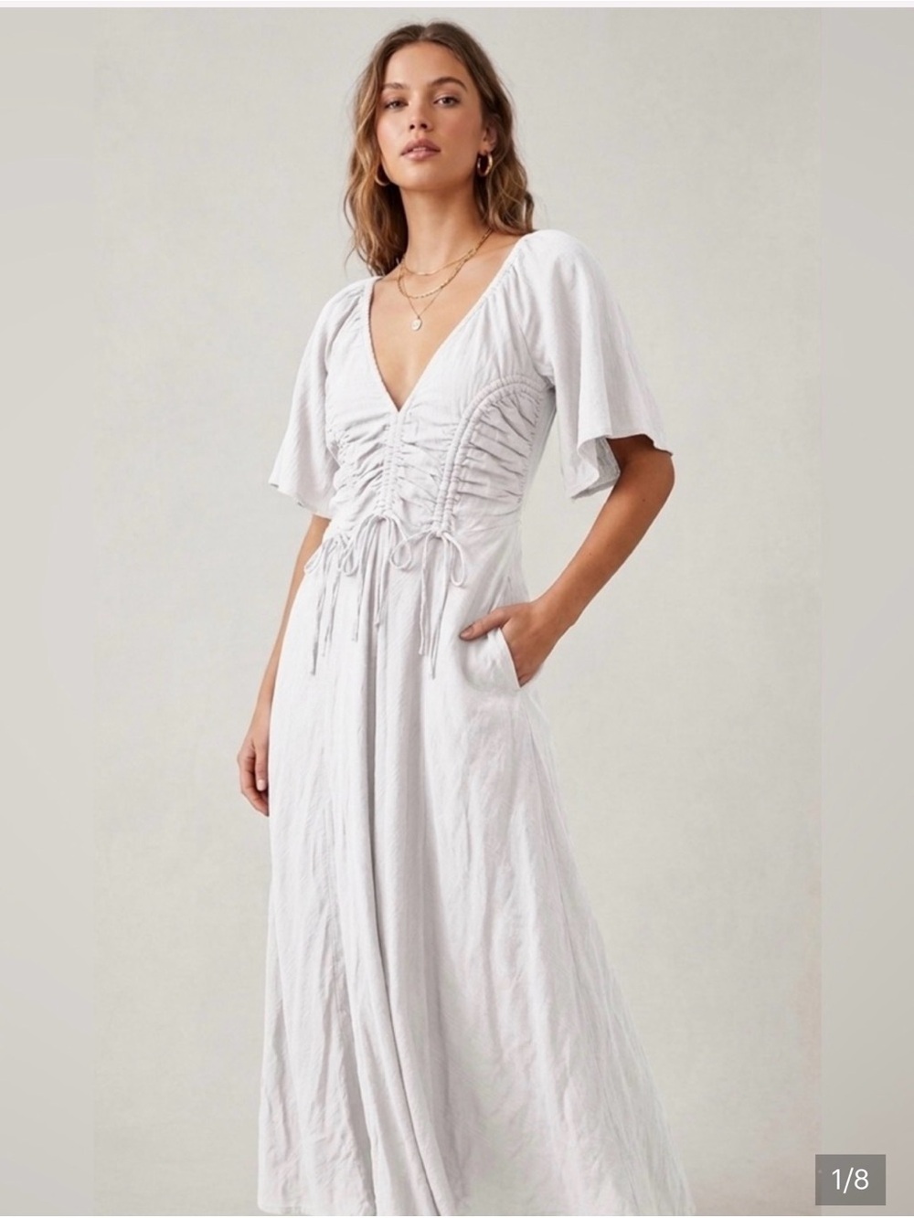 Free People White Midi Ruched V-Neck Dress